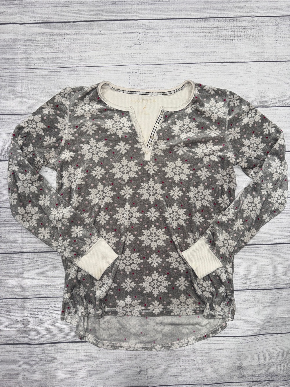 Nautica Gray Snowflake Henley with Cream Trim and Pink Polka Dots